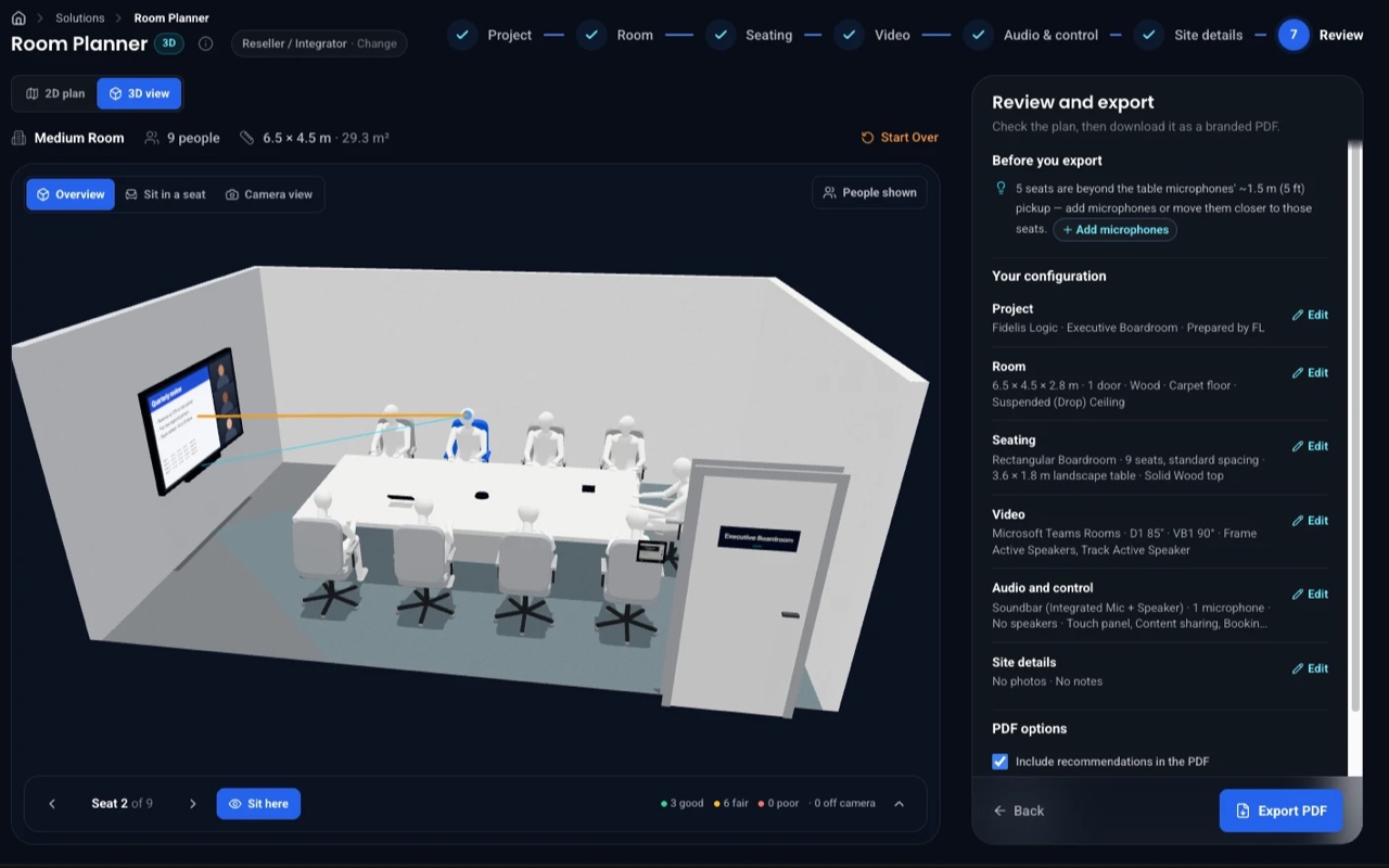 The Room Planner's 3D view of a ten-seat boardroom, beside the review panel listing the room's dimensions, finishes and layout, ready to export as a PDF.